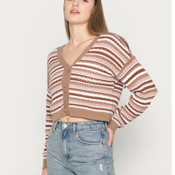 Hollister Sweaters - Hollister Multi-colored Sunset Crop crocheted stripe cardigan | Size Large